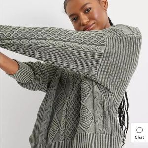 Aerie Acid Washed Green V-Neck Cable Sweater Size XXL